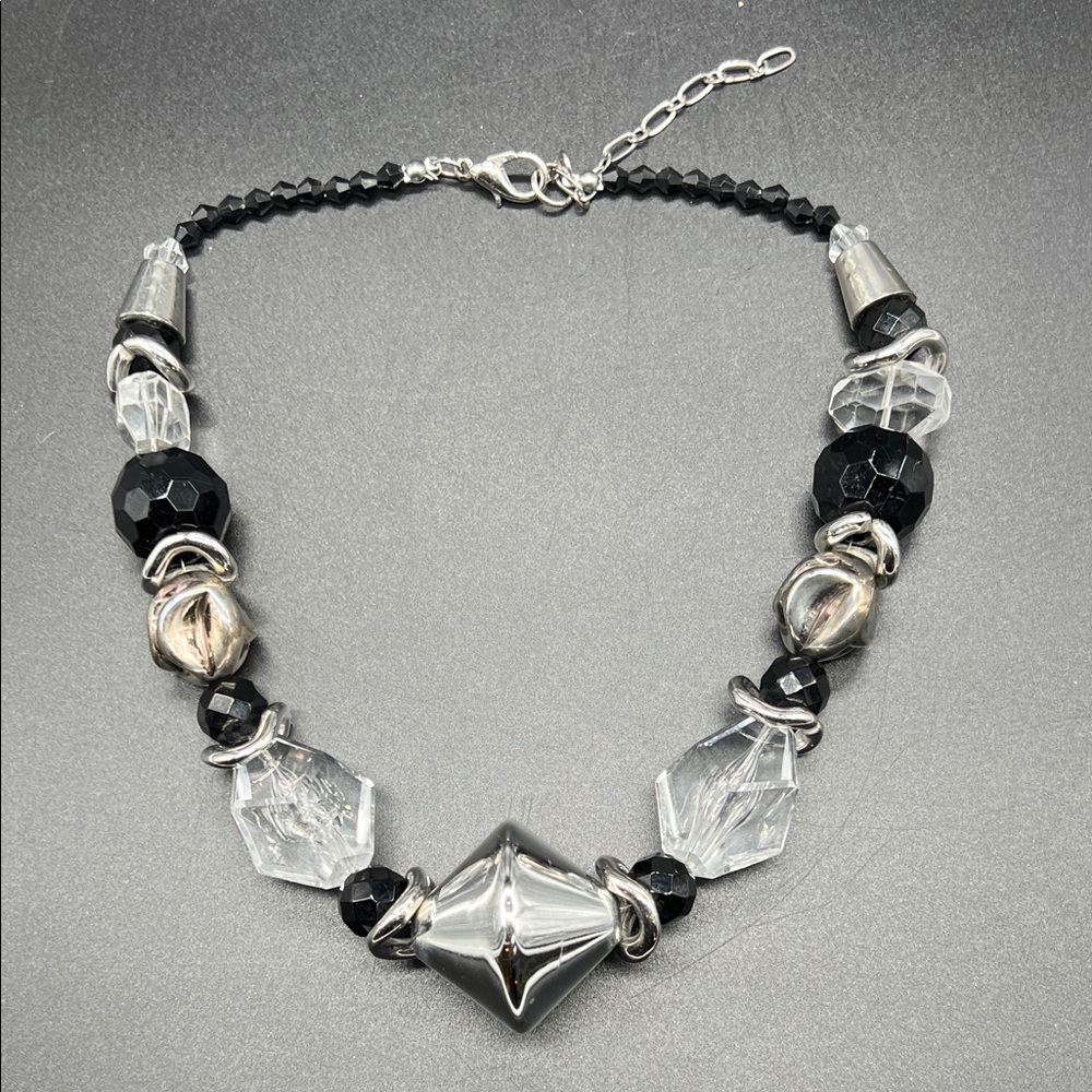 Black & Clear Geometric Statement Necklace | Silv… - image 6